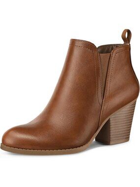 Women's Tan Pu Polyurethan V-Cut Ankle Chunky Heel Side Zip & Elastic Panel Boot